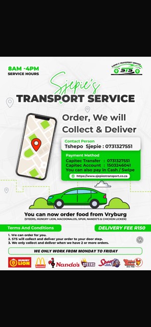 Sjepie's Transport Service order and collect flyer